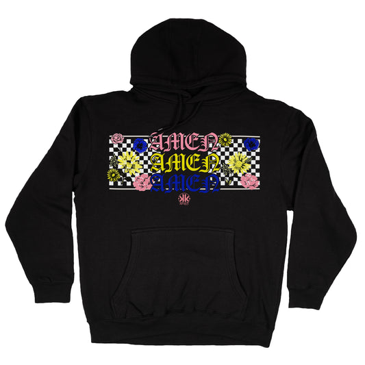 KellyK Amen x3 Flowered Checkered Black Hoodie