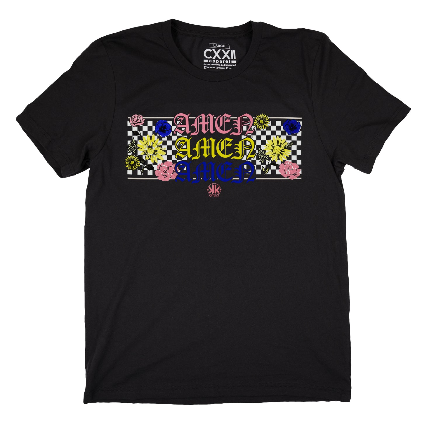 KellyK Amen x3 Flowered Checkered Black Tee