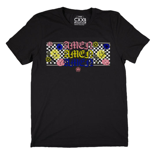 KellyK Amen x3 Flowered Checkered Black Tee