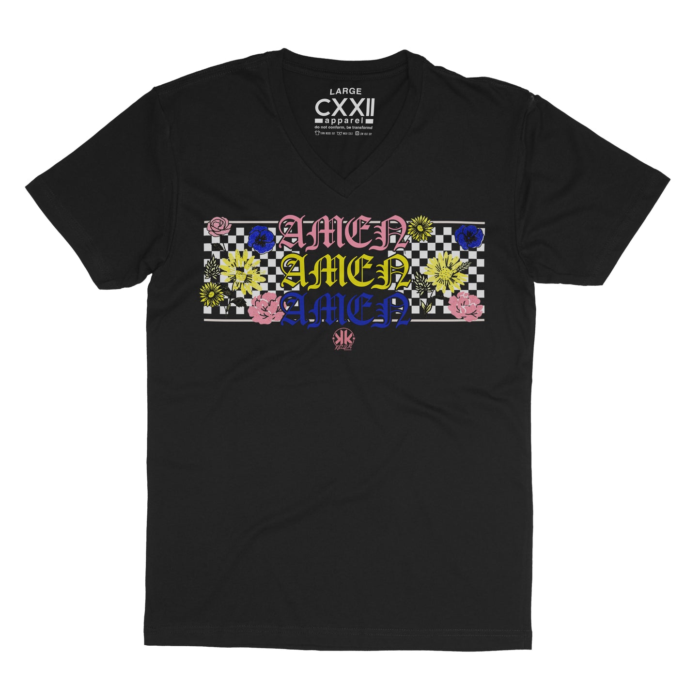 KellyK Amen x3 Flowered Checkered Black V-Neck