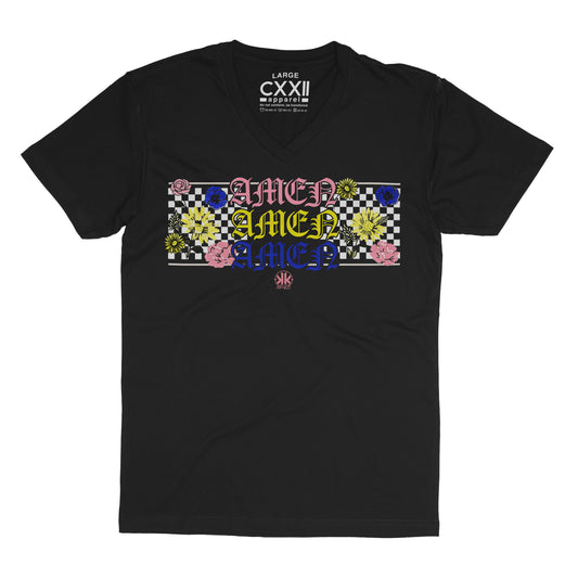 KellyK Amen x3 Flowered Checkered Black V-Neck