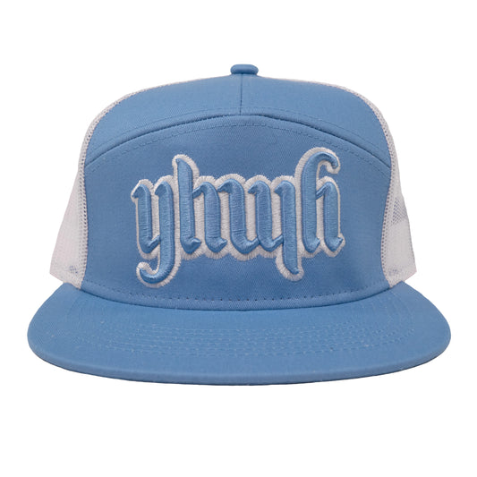YHWH 7 Panel Carolina Blue Trucker Hat