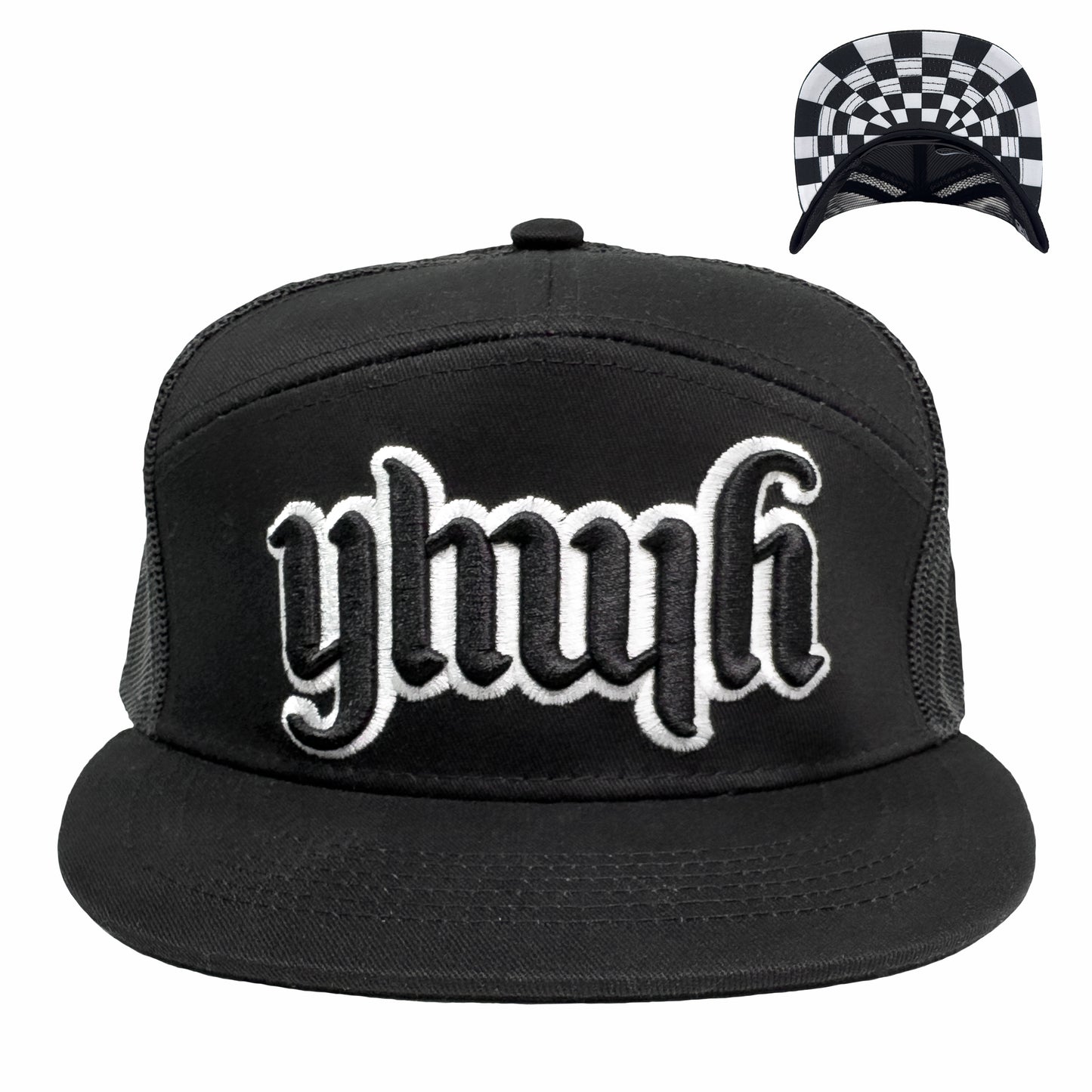 YHWH 7 Panel Trucker Hat B/W