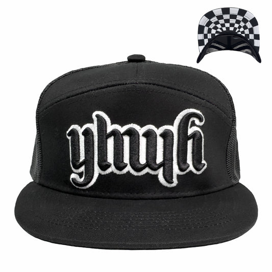 YHWH 7 Panel Trucker Hat B/W